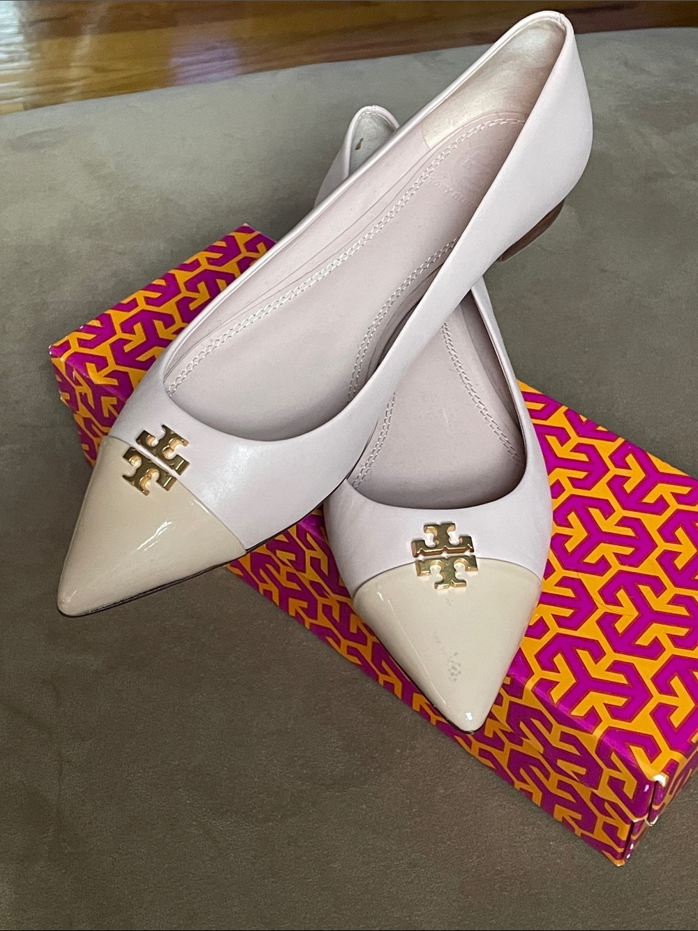 Tory Burch Pale Pink Pointed-Toe Logo Cap-Toe Flats